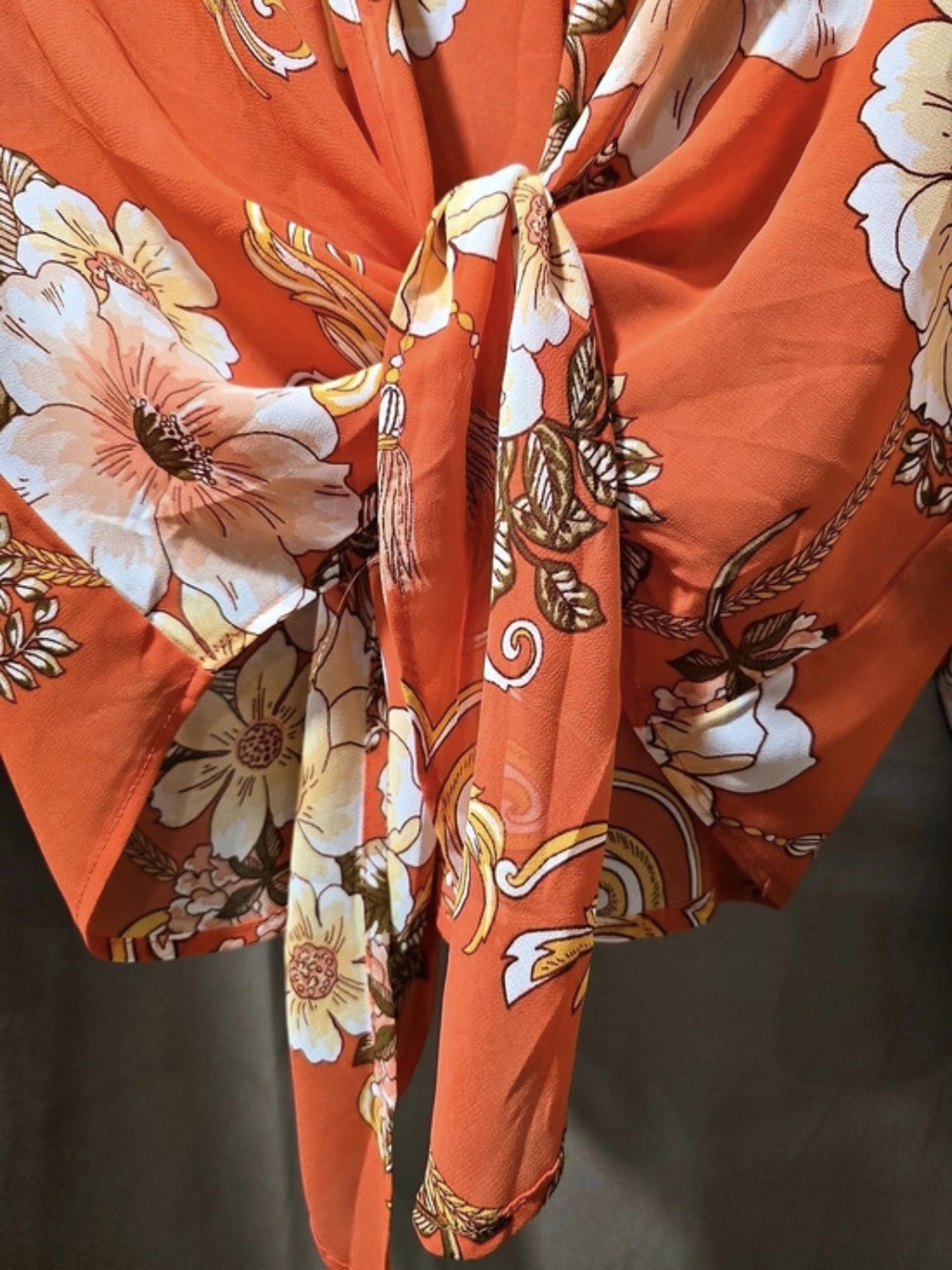 Fashion Nova Floral Tie-Front Blouse in Orange & Blue Size Medium - Picture 3 of 6